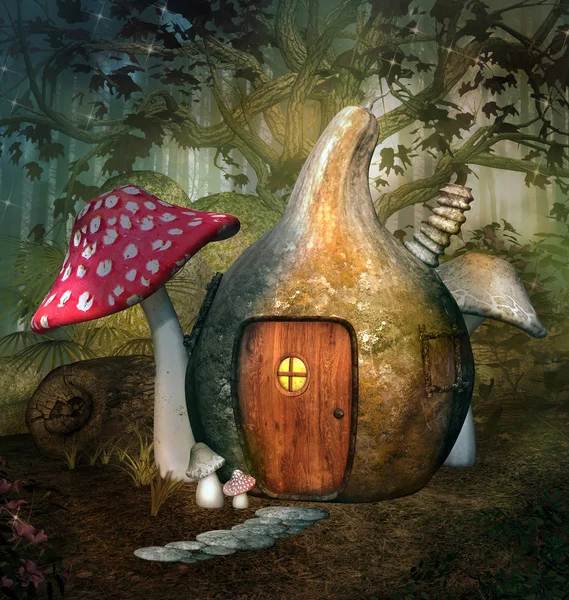 Betoverde Pompoen Huis Een Fantasie Bos Illustratie Stockfoto