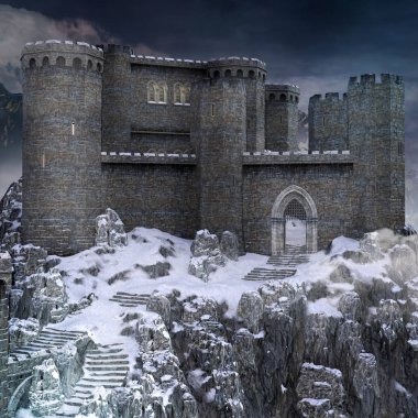 Bir dağ manzarası - 3d çizim kalede ortaçağ fantezi