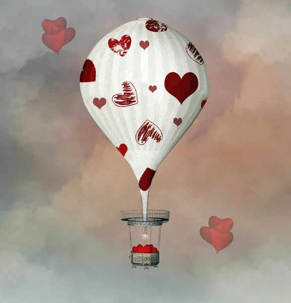 Valentine Hot Air Balloon Hearts Digital Painted Illustration — Stock Photo, Image