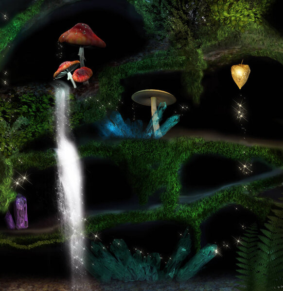 Elves caves inside a trunk - 3D and digital painted illustration