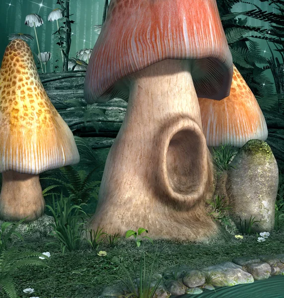 Cogumelos Fantasia Uma Floresta Misteriosa Perto Uma Pequena Lagoa Ilustração Imagens Royalty-Free