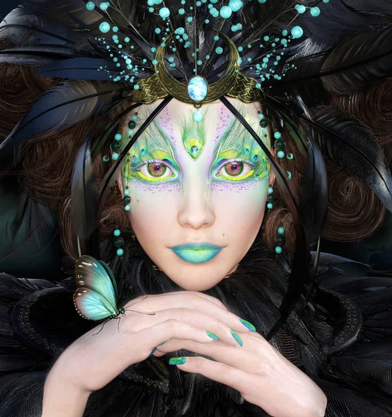 Fantasy Portrait Woman Peacock Make Feathers Butterfly Illustration — Stock Photo, Image
