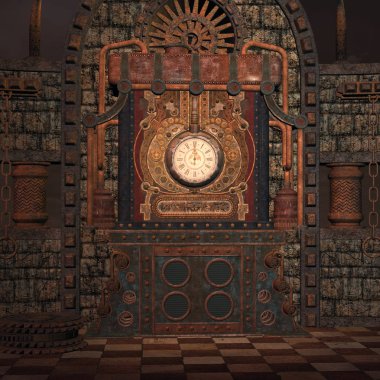 Steampunk makineleri Oda arka plan - 3d çizim
