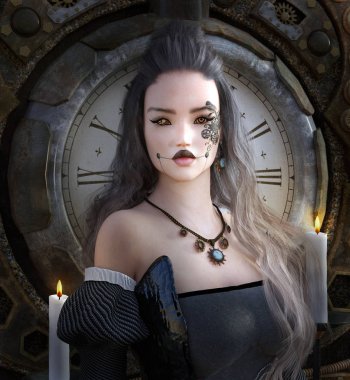 Güzel uzun siyah saçları - 3d çizim ile bir Gotik Kız portresi