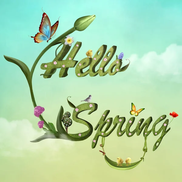 Hello spring digital illustration with flowers, butterflies and lovely birds