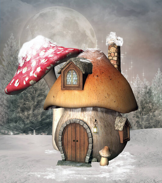 Mushroom house in a winter scenery - 3D illustration