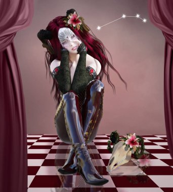Zodyak serisi - maske ve bir keçi kafatası - 3d resimde güzel bir bayan olarak koç