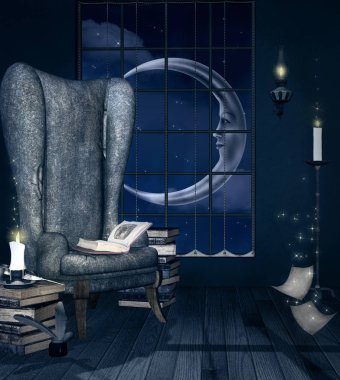 Gece rahat bir koltuk ve Kitaplar - 3d çizim yığınları ile okuma odası fantezi