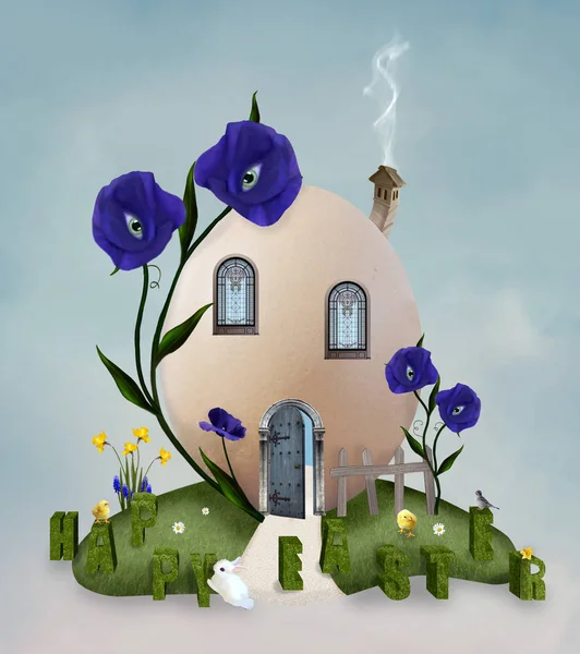 Osterhintergrund Mit Einem Eierhaus Auf Einer Grünen Wiese Illustration — Stockfoto