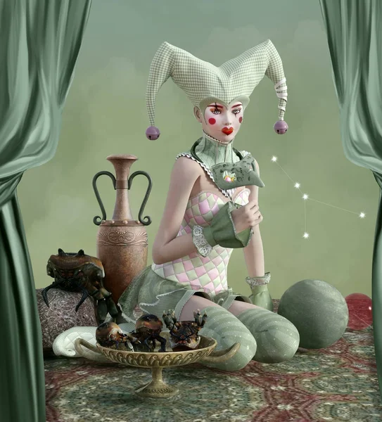 十二生肖系列 癌症作为一个美丽的小丑与螃蟹在一个盘子和面具在她的手3D — 图库照片
