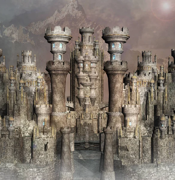 View Fantasy Fairy Castle Mountain Scenery Illustration — стоковое фото
