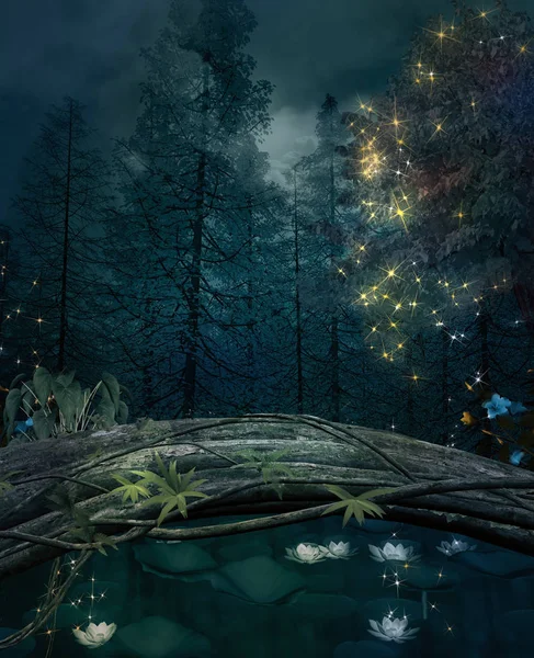 魅惑の自然シリーズ 睡蓮と輝くライト イラストで暗い森の池 — ストック写真