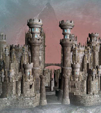 Fantezi kale kapısı gecenin bir dağ üzerinde arka plan - 3d çizim ışık