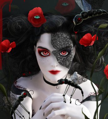 Karanlık gotik kadın gerçeküstü haşhaş ve kelebekler - 3d karışık teknik çizim ile