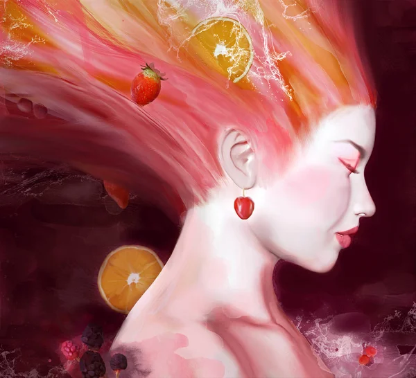 Sommerdame Mit Frischem Obst Und Lila Wasserspritzern Aquarelle Illustration — Stockfoto
