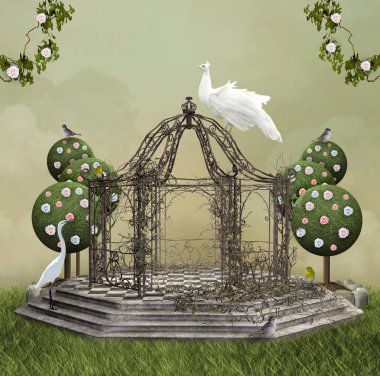 Tavus kuşu ve bir ak balıkçıl 3d çizim ile bir çayır Sahne romantik pagoda