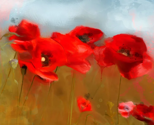 Spring Summer Flowers Collection Red Poppies Field Oil Painting Style — Stock Photo, Image