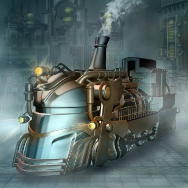 Steampunk tren bir futuristik sahne - 3d resimde