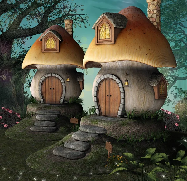 Elf Domy Kształcie Grzyby Ilustracja — Zdjęcie stockowe