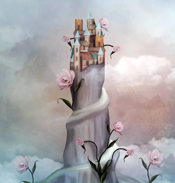 Little Village Mountain Surreal Roses Illustration — Stock Photo, Image