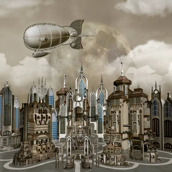 Panoramablick Auf Eine Moderne Stadt Mit Einem Fliegenden Luftschiff Illustration — Stockfoto