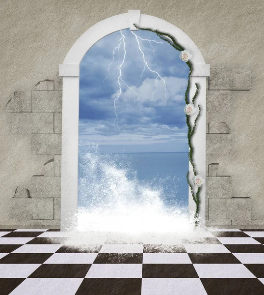 Surrealistisch Stormachtige Scène Uit Een Portaal Seaview Illustratie — Stockfoto