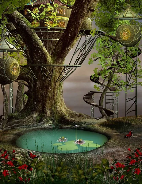 Tree House Green Pond Illustration — Stock Photo, Image