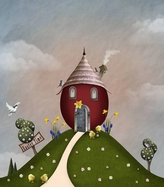 Easter Celebration Series Red House Grassy Hill Illustration — Stock Photo, Image