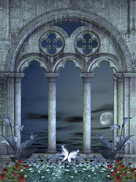 Enchanted Balcony Overlooking Full Moon Blue Sky Illustration — Stock Photo, Image