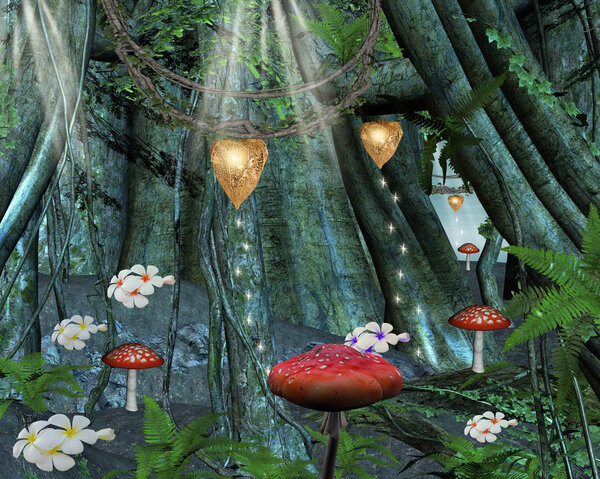 In the middle of the secret forest 3D illustration