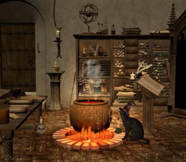 Siyah bir kedi sonra büyü kazan 3d aşağıda izlerken Sihirbazı eski Oda