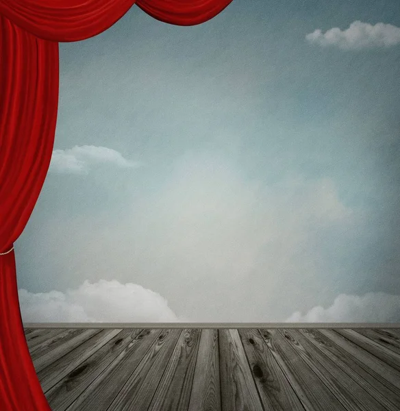 Surrealer Hintergrund Einer Leeren Bühne Mit Rotem Vorhang Illustration — Stockfoto