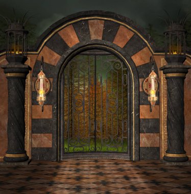 Antik bir karanlık sisli ormanın 3d örnek alarak Iron gate dövme