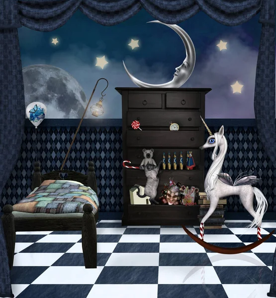 Сюрреалистическая Детская Спальня Маленьким Пони Игрушечной Кошкой Иллюстрация — стоковое фото