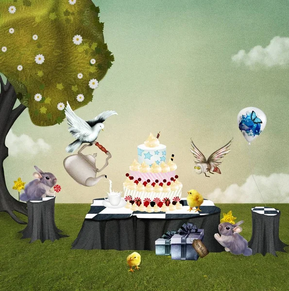Festa Compleanno Campagna Con Torta Regali Coniglietti Illustrazione Dipinta Digitale — Foto Stock