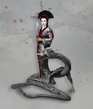Savaşçı kadın serisi: Bayan Samurai kimono içinde bir ejderha ile bir kılıç tutarak ayak 3D illüstrasyon