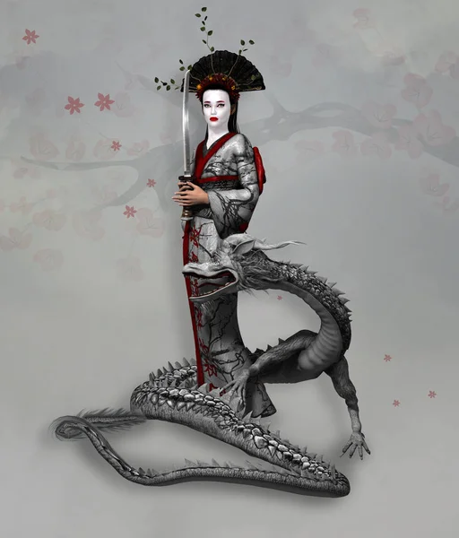 Warrior Women Series Lady Samurai Kimono Holding Sword Dragon Her — Stock Photo, Image