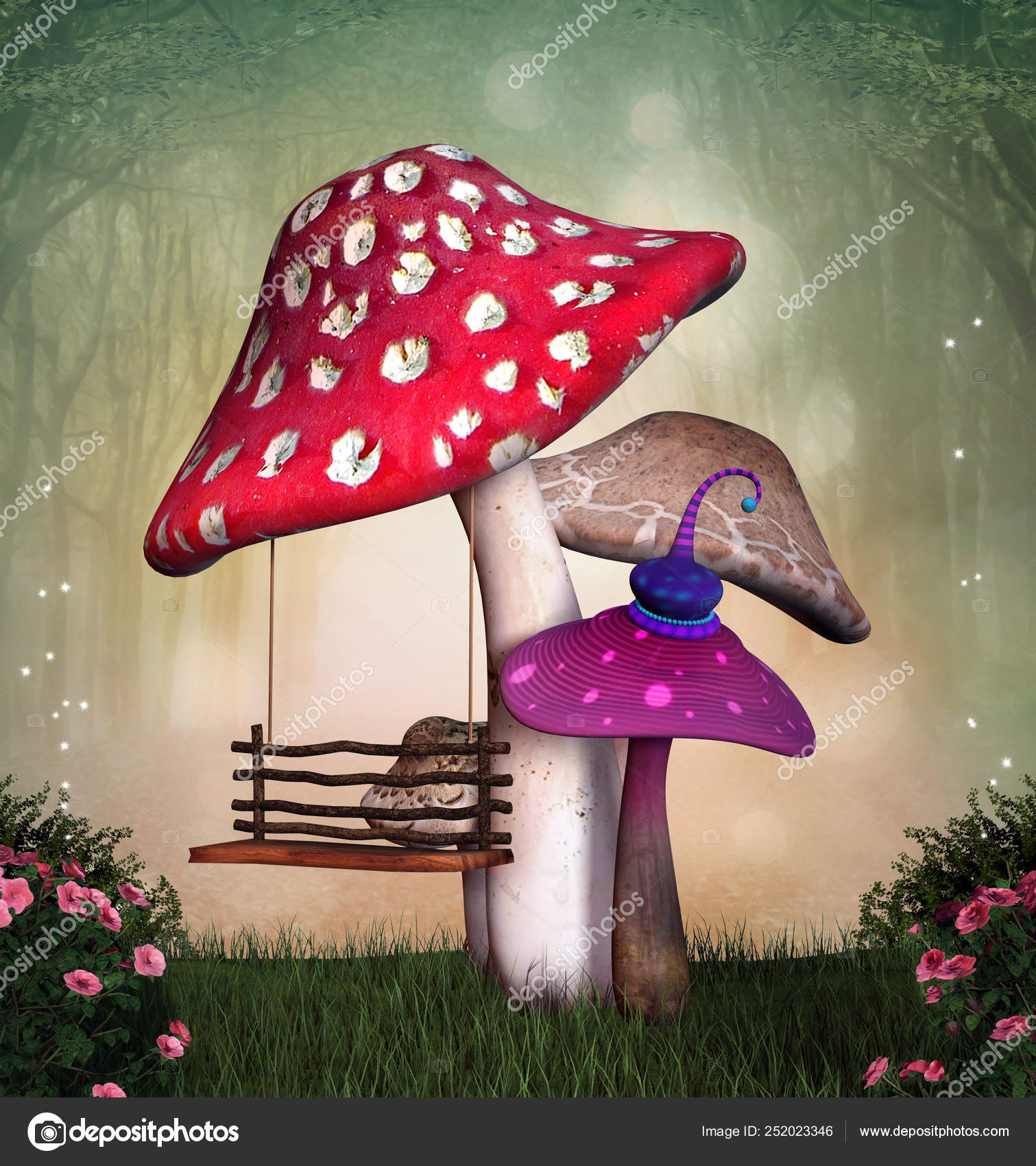 Fantasy Garden Colorful Mushrooms Swing Illustration Stock Photo by  ©Ellerslie 252023346