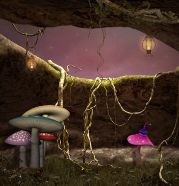 Enchanted cave with mushrooms under a purple sky  3D illustration clipart