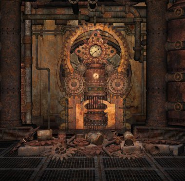 Rusty ve aşınmış Steampunk Clockwork 3D illüstrasyon