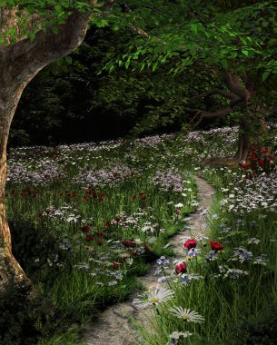 Yaz aylarında Orman patika-3D illüstrasyon