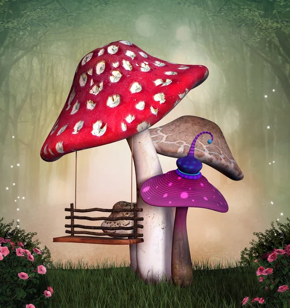 Giardino Fantasy Con Funghi Colorati Altalena Illustrazione — Foto Stock