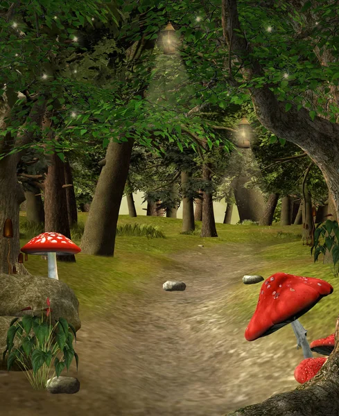 Pathway Bright Forest Red Mushrooms Illustration — Stock Photo, Image