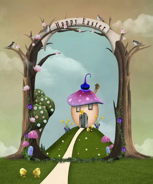 Serie Zur Osterfeier Landschaft Mit Einem Surrealen Eiförmigen Haus Illustration — Stockfoto