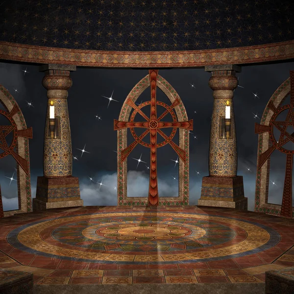 スカイテンプル 星空の3D イラストを見下ろすテラス付きのファンタジーの背景 — ストック写真