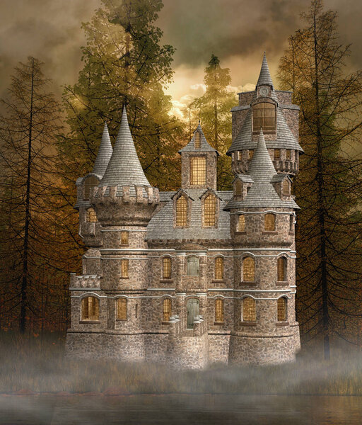 Enchanted castle by a lake with many illuminated windows  3D illustration