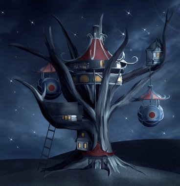 Gece tepede fantezi ağaç ev, 3D illüstrasyon