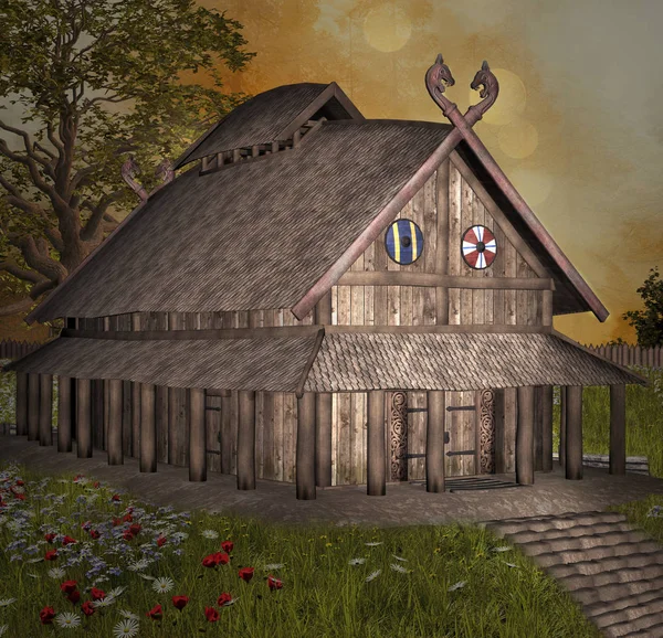 Vikings Paleis Met Weidebloemen Rondom Illustratie — Stockfoto