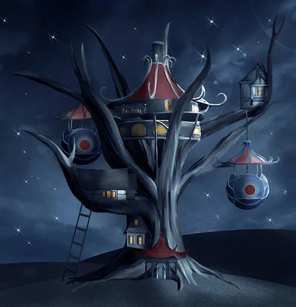 Fantasy Casa Sull Albero Sopra Collina Notte Illustrazione — Foto Stock