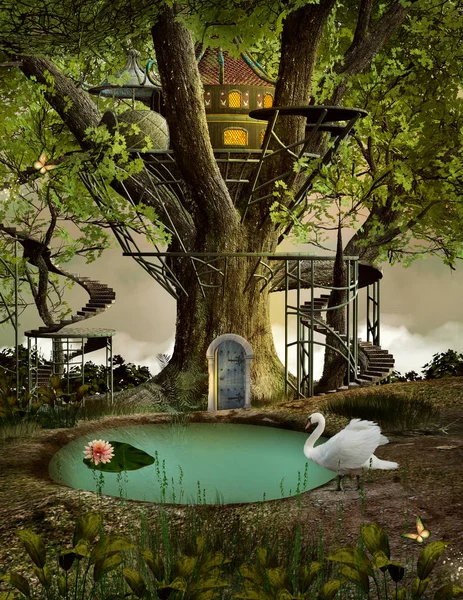魅惑のガーデンにファンタジーハウス イラスト — ストック写真